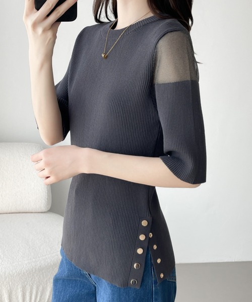 ABITOKYO（アビトーキョー）の「シアードッキングゴールドボタンリブサマーニットPO（ニット/セーター・レディース・チャコールグレー/ブラック/ブルーグレー・M/L）」の3枚目の写真