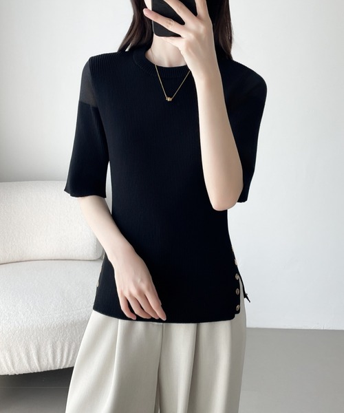 ABITOKYO（アビトーキョー）の「シアードッキングゴールドボタンリブサマーニットPO（ニット/セーター・レディース・チャコールグレー/ブラック/ブルーグレー・M/L）」の7枚目の写真