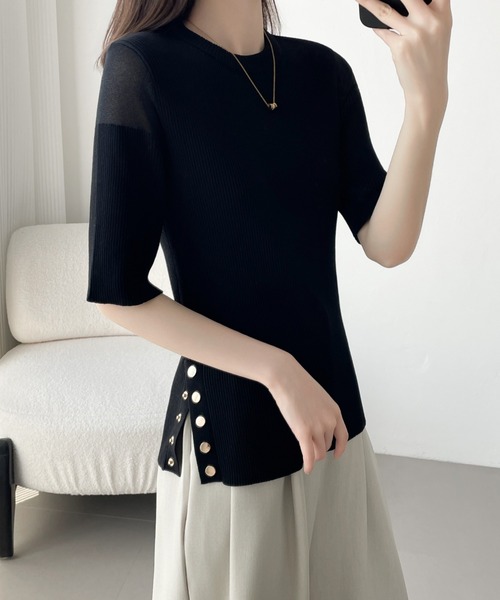 ABITOKYO（アビトーキョー）の「シアードッキングゴールドボタンリブサマーニットPO（ニット/セーター・レディース・チャコールグレー/ブラック/ブルーグレー・M/L）」の6枚目の写真