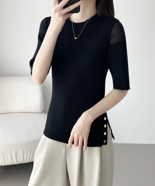 ABITOKYO（アビトーキョー）の「シアードッキングゴールドボタンリブサマーニットPO（ニット/セーター・レディース・チャコールグレー/ブラック/ブルーグレー・M/L）」の5枚目の写真