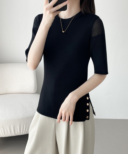 ABITOKYO（アビトーキョー）の「シアードッキングゴールドボタンリブサマーニットPO（ニット/セーター・レディース・チャコールグレー/ブラック/ブルーグレー・M/L）」の4枚目の写真