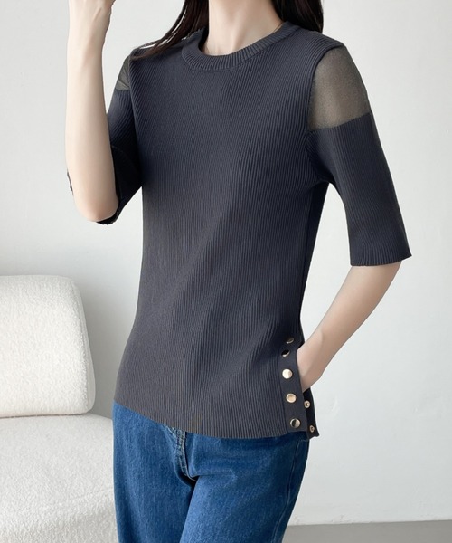 ABITOKYO（アビトーキョー）の「シアードッキングゴールドボタンリブサマーニットPO（ニット/セーター・レディース・チャコールグレー/ブラック/ブルーグレー・M/L）」の19枚目の写真