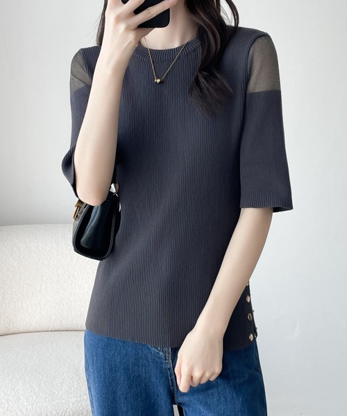 ABITOKYO（アビトーキョー）の「シアードッキングゴールドボタンリブサマーニットPO（ニット/セーター・レディース・チャコールグレー/ブラック/ブルーグレー・M/L）」の14枚目の写真