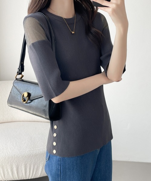 ABITOKYO（アビトーキョー）の「シアードッキングゴールドボタンリブサマーニットPO（ニット/セーター・レディース・チャコールグレー/ブラック/ブルーグレー・M/L）」の13枚目の写真