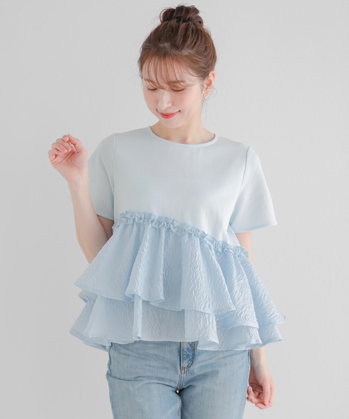 【新品】fitmore フィットモア　カーブフリルジャガードトップス　ブルー カーブフリルジャガードトップス（その他トップス）｜Fit more