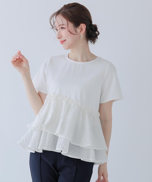 ジャガードフリルアシンメトリーペプラムトップス（Tシャツ