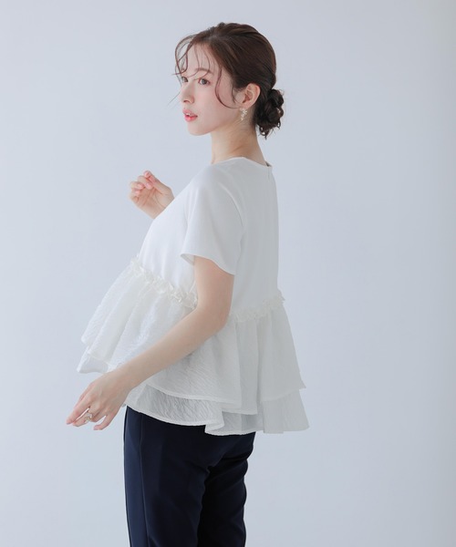 ジャガードフリルアシンメトリーペプラムトップス（Tシャツ