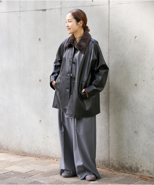 追加》ウォッシャブルフェイクレザーファー襟付カバーオール