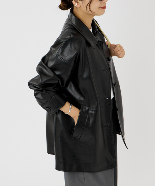 追加》ウォッシャブルフェイクレザーファー襟付カバーオール（その他