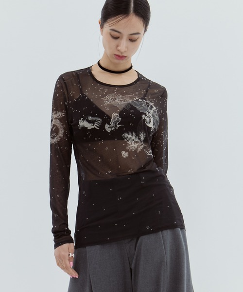 beautiful people(ビューティフルピープル)の「【beautiful people/ビューティフルピープル】sheer R.P.S print jersey crew neck top/シアートップス(Tシャツ/カットソー・レディース・ブラック/グレイッシュベージュ・38)」の18枚目の写真