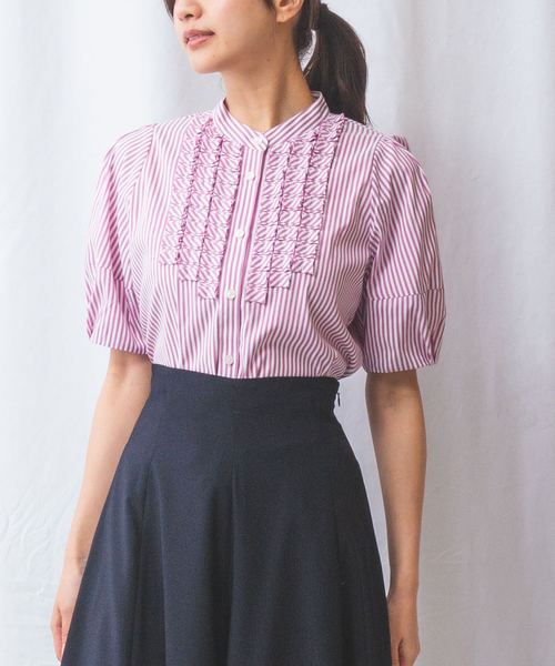 ナラカミーチェ（NARACAMICIE）/【NARACAMICIE】ストレッチストライプフロントデザインタック半袖ブラウス NARACAMICIE】ストレッチストライプフロントデザインタック半袖