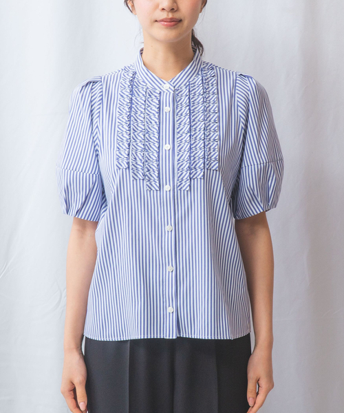 NARACAMICIE】ストレッチストライプフロントデザインタック半袖