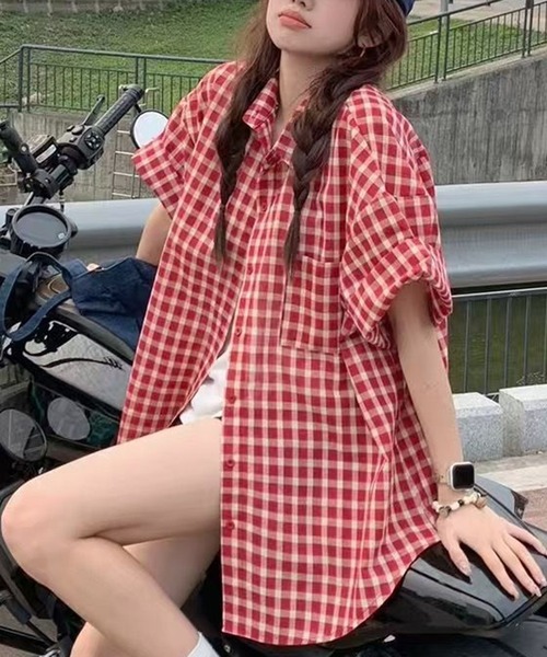 AsheKsha（アシクシャ）の「【新作】ゆったりジャケット風半袖シャツ（シャツ/ブラウス・レディース・レッド・M）」の4枚目の写真