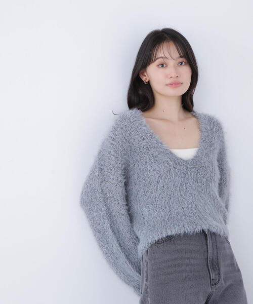 NATURAL BEAUTY BASIC（ナチュラルビューティーベーシック）の「◇【Oggi掲載】キーネックシャギーラメニット（ニット/セーター・レディース・ピンク/ベージュ/グレー・FREE）」の7枚目の写真
