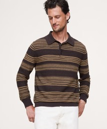 ストライプ コットンリネン ニットポロシャツ