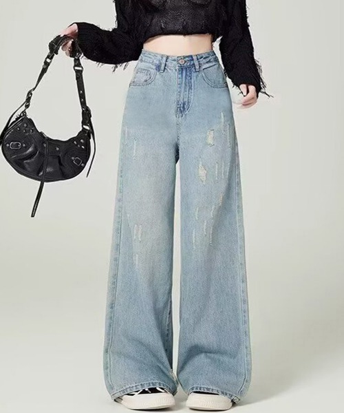 Miniministore(ミニミニストア)の「ダメージデニムパンツ ワイドレッグデニム(デニムパンツ・レディース・サックスブルー・S/XL/M/L)」の2枚目の写真