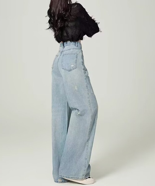 Miniministore(ミニミニストア)の「ダメージデニムパンツ ワイドレッグデニム(デニムパンツ・レディース・サックスブルー・S/XL/M/L)」の3枚目の写真