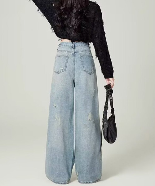 Miniministore(ミニミニストア)の「ダメージデニムパンツ ワイドレッグデニム(デニムパンツ・レディース・サックスブルー・S/XL/M/L)」の4枚目の写真