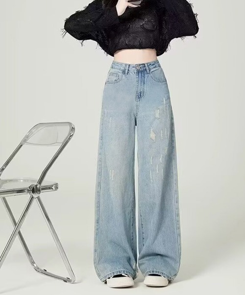 Miniministore(ミニミニストア)の「ダメージデニムパンツ ワイドレッグデニム(デニムパンツ・レディース・サックスブルー・S/XL/M/L)」の5枚目の写真