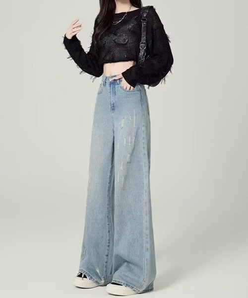 Miniministore(ミニミニストア)の「ダメージデニムパンツ ワイドレッグデニム(デニムパンツ・レディース・サックスブルー・S/XL/M/L)」の6枚目の写真