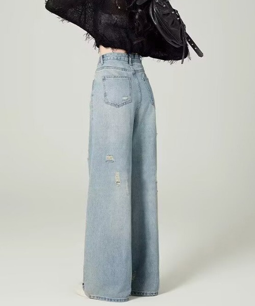 Miniministore(ミニミニストア)の「ダメージデニムパンツ ワイドレッグデニム(デニムパンツ・レディース・サックスブルー・S/XL/M/L)」の7枚目の写真