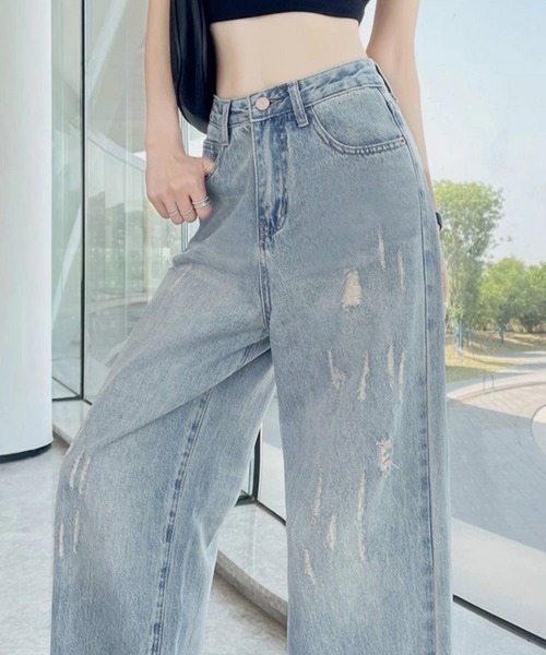Miniministore(ミニミニストア)の「ダメージデニムパンツ ワイドレッグデニム(デニムパンツ・レディース・サックスブルー・S/XL/M/L)」の8枚目の写真