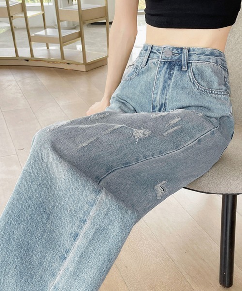 Miniministore(ミニミニストア)の「ダメージデニムパンツ ワイドレッグデニム(デニムパンツ・レディース・サックスブルー・S/XL/M/L)」の9枚目の写真