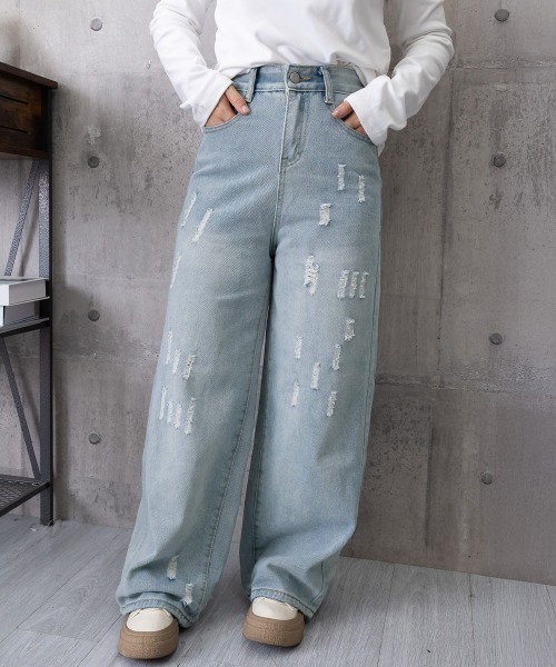 Miniministore(ミニミニストア)の「ダメージデニムパンツ ワイドレッグデニム(デニムパンツ・レディース・サックスブルー・S/XL/M/L)」の17枚目の写真