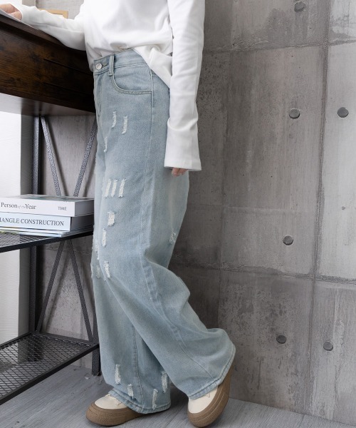 Miniministore(ミニミニストア)の「ダメージデニムパンツ ワイドレッグデニム(デニムパンツ・レディース・サックスブルー・S/XL/M/L)」の18枚目の写真