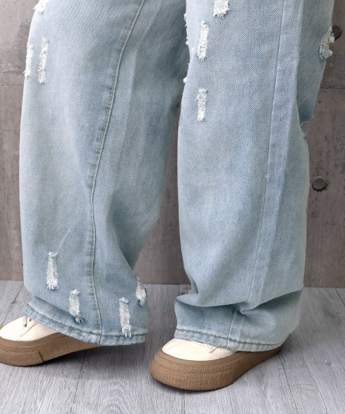 Miniministore(ミニミニストア)の「ダメージデニムパンツ ワイドレッグデニム(デニムパンツ・レディース・サックスブルー・S/XL/M/L)」の19枚目の写真