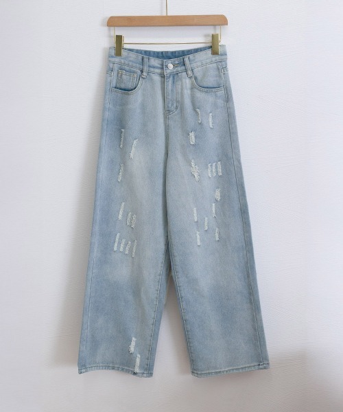 Miniministore(ミニミニストア)の「ダメージデニムパンツ ワイドレッグデニム(デニムパンツ・レディース・サックスブルー・S/XL/M/L)」の11枚目の写真