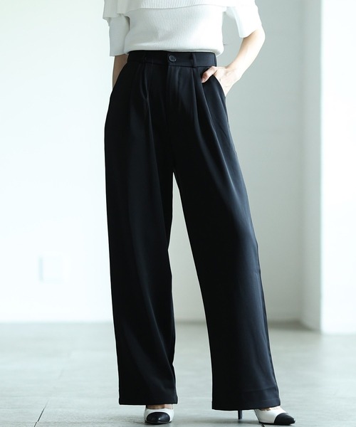 Sawa a la mode(サワアラモード)の「フロントタックワイドロングパンツ(スラックス・レディース・グレー/ピンク/カーキ/ブラック/ホワイト・SMALL/FREE)」の3枚目の写真