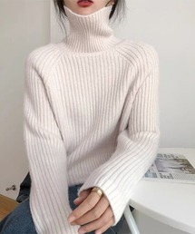 厚手リブ編みハイネックニット
