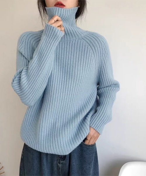 新品★ソブ ワイド リブ編み ニット ベルスリーブ ハイネック 水色 38 新品☆ソブ ワイド リブ編み ニット ベルスリーブ ハイネック 水色 38