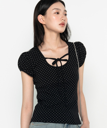 パフスリーブドットリボンショートスリーブTシャツブラック