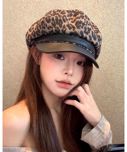 セール】レオパード×フェイクレザーキャスケット（キャスケット