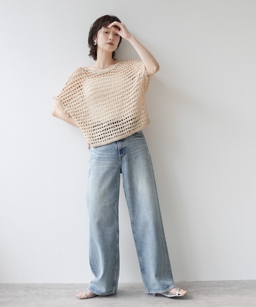 Yeoun（ヨウン）の「前後2WAY袖フリンジ透かし編みトップス（その他トップス・レディース・グレー/キナリ・M）」の16枚目の写真