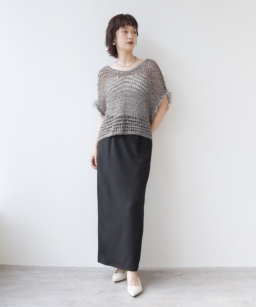 Yeoun（ヨウン）の「前後2WAY袖フリンジ透かし編みトップス（その他トップス・レディース・グレー/キナリ・M）」の5枚目の写真