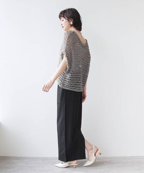 Yeoun（ヨウン）の「前後2WAY袖フリンジ透かし編みトップス（その他トップス・レディース・グレー/キナリ・M）」の6枚目の写真