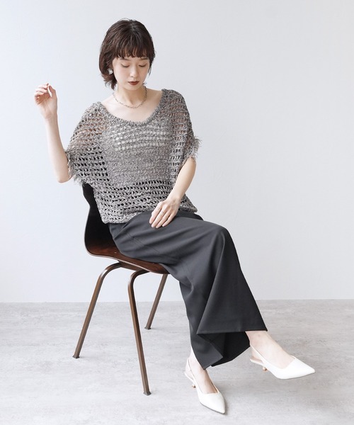 Yeoun（ヨウン）の「前後2WAY袖フリンジ透かし編みトップス（その他トップス・レディース・グレー/キナリ・M）」の9枚目の写真