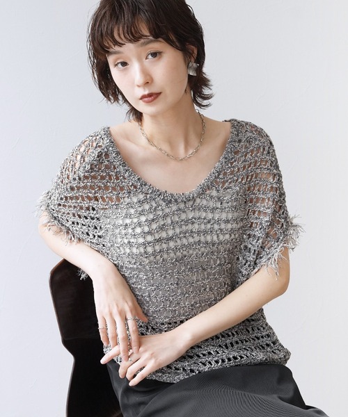 Yeoun（ヨウン）の「前後2WAY袖フリンジ透かし編みトップス（その他トップス・レディース・グレー/キナリ・M）」の10枚目の写真