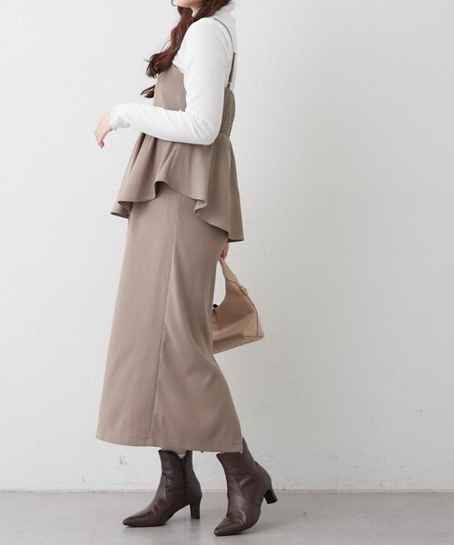 Remind me and forever（リマインドミーアンドフォーエバー）の「【ハレの日にも♪】【2枚SET】テレコインナー＆ペプラムキャミワンピース（ワンピース・レディース・グレイッシュベージュ/ブラック・FREE）」の9枚目の写真