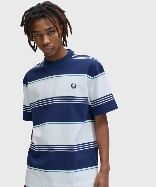 FRED PERRY(フレッドペリー)の「Heavyweight Striped T-Shirt/ヘビーウェイトストライプTシャツ(Tシャツ/カットソー・メンズ・ダークブルー/ホワイト/ベージュ/オレンジ・S/M/L)」の3枚目の写真