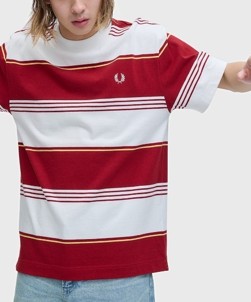 FRED PERRY(フレッドペリー)の「Heavyweight Striped T-Shirt/ヘビーウェイトストライプTシャツ(Tシャツ/カットソー・メンズ・ダークブルー/ホワイト/ベージュ/オレンジ・S/M/L)」の2枚目の写真