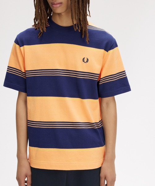 FRED PERRY(フレッドペリー)の「Heavyweight Striped T-Shirt/ヘビーウェイトストライプTシャツ(Tシャツ/カットソー・メンズ・ダークブルー/ホワイト/ベージュ/オレンジ・S/M/L)」の4枚目の写真