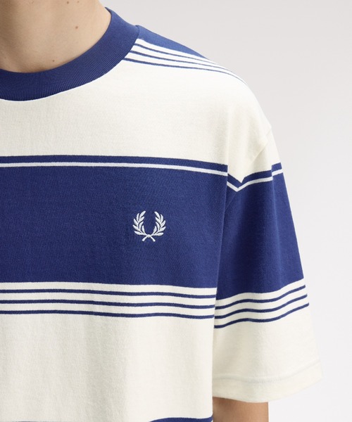 FRED PERRY(フレッドペリー)の「Heavyweight Striped T-Shirt/ヘビーウェイトストライプTシャツ(Tシャツ/カットソー・メンズ・ダークブルー/ホワイト/ベージュ/オレンジ・S/M/L)」の7枚目の写真