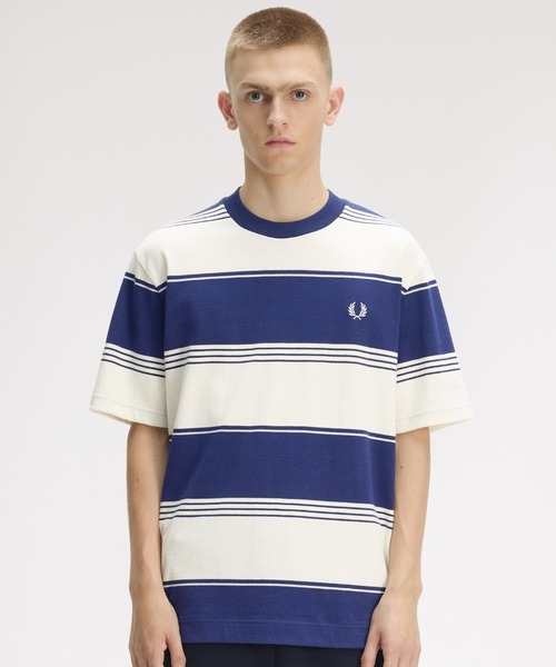 FRED PERRY(フレッドペリー)の「Heavyweight Striped T-Shirt/ヘビーウェイトストライプTシャツ(Tシャツ/カットソー・メンズ・ダークブルー/ホワイト/ベージュ/オレンジ・S/M/L)」の9枚目の写真