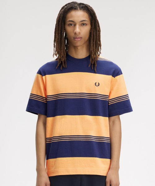 FRED PERRY(フレッドペリー)の「Heavyweight Striped T-Shirt/ヘビーウェイトストライプTシャツ(Tシャツ/カットソー・メンズ・ダークブルー/ホワイト/ベージュ/オレンジ・S/M/L)」の15枚目の写真