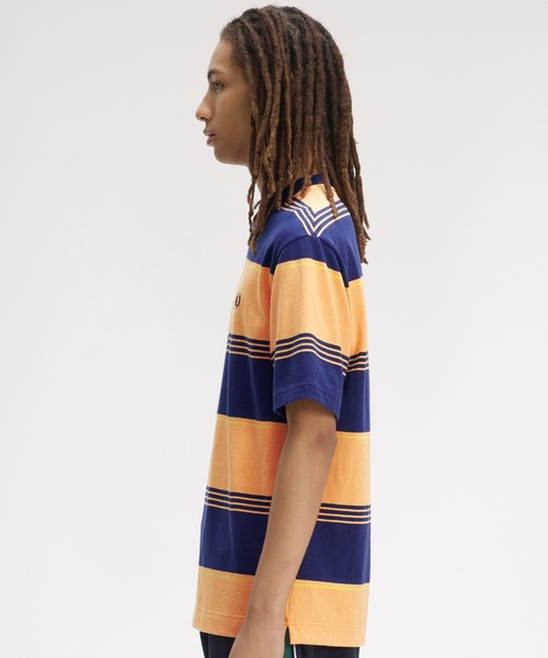 FRED PERRY(フレッドペリー)の「Heavyweight Striped T-Shirt/ヘビーウェイトストライプTシャツ(Tシャツ/カットソー・メンズ・ダークブルー/ホワイト/ベージュ/オレンジ・S/M/L)」の16枚目の写真