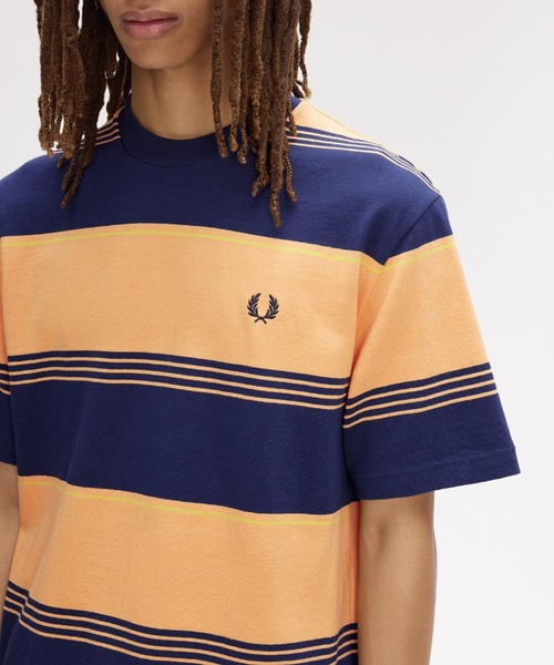 FRED PERRY(フレッドペリー)の「Heavyweight Striped T-Shirt/ヘビーウェイトストライプTシャツ(Tシャツ/カットソー・メンズ・ダークブルー/ホワイト/ベージュ/オレンジ・S/M/L)」の13枚目の写真